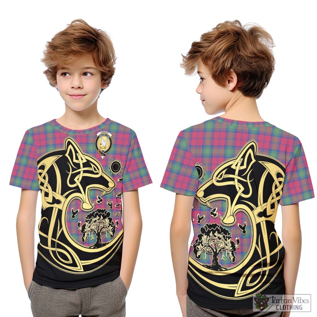 Tartan Vibes Clothing Lindsay Ancient Tartan Kid T-Shirt with Family Crest Celtic Wolf Style