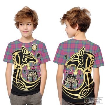 Lindsay Ancient Tartan Kid T-Shirt with Family Crest Celtic Wolf Style