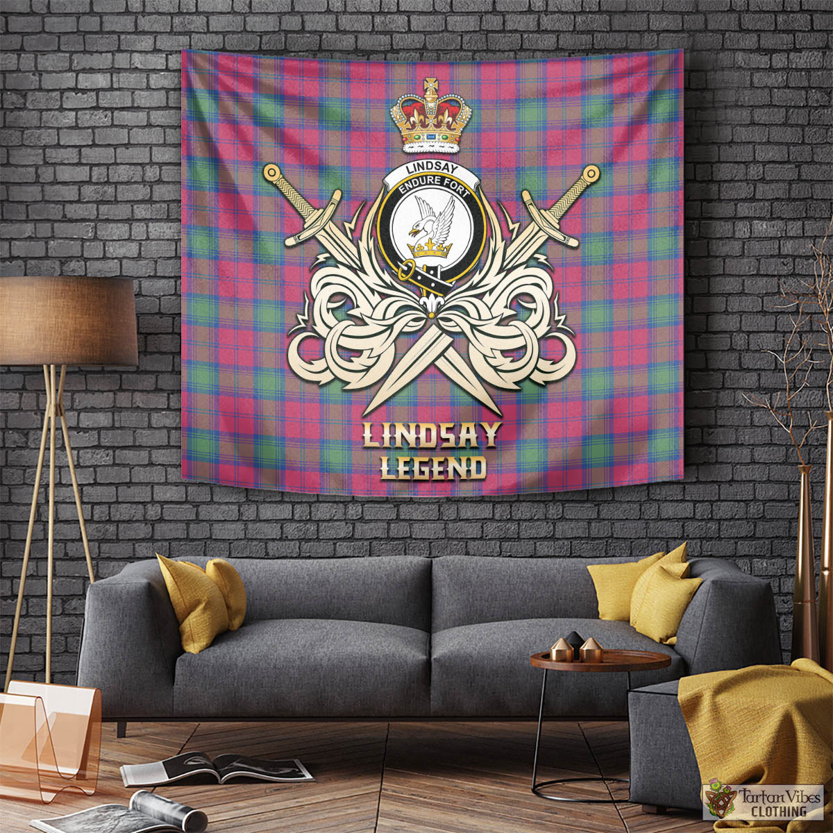 Tartan Vibes Clothing Lindsay Ancient Tartan Tapestry with Clan Crest and the Golden Sword of Courageous Legacy