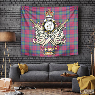 Lindsay Ancient Tartan Tapestry with Clan Crest and the Golden Sword of Courageous Legacy