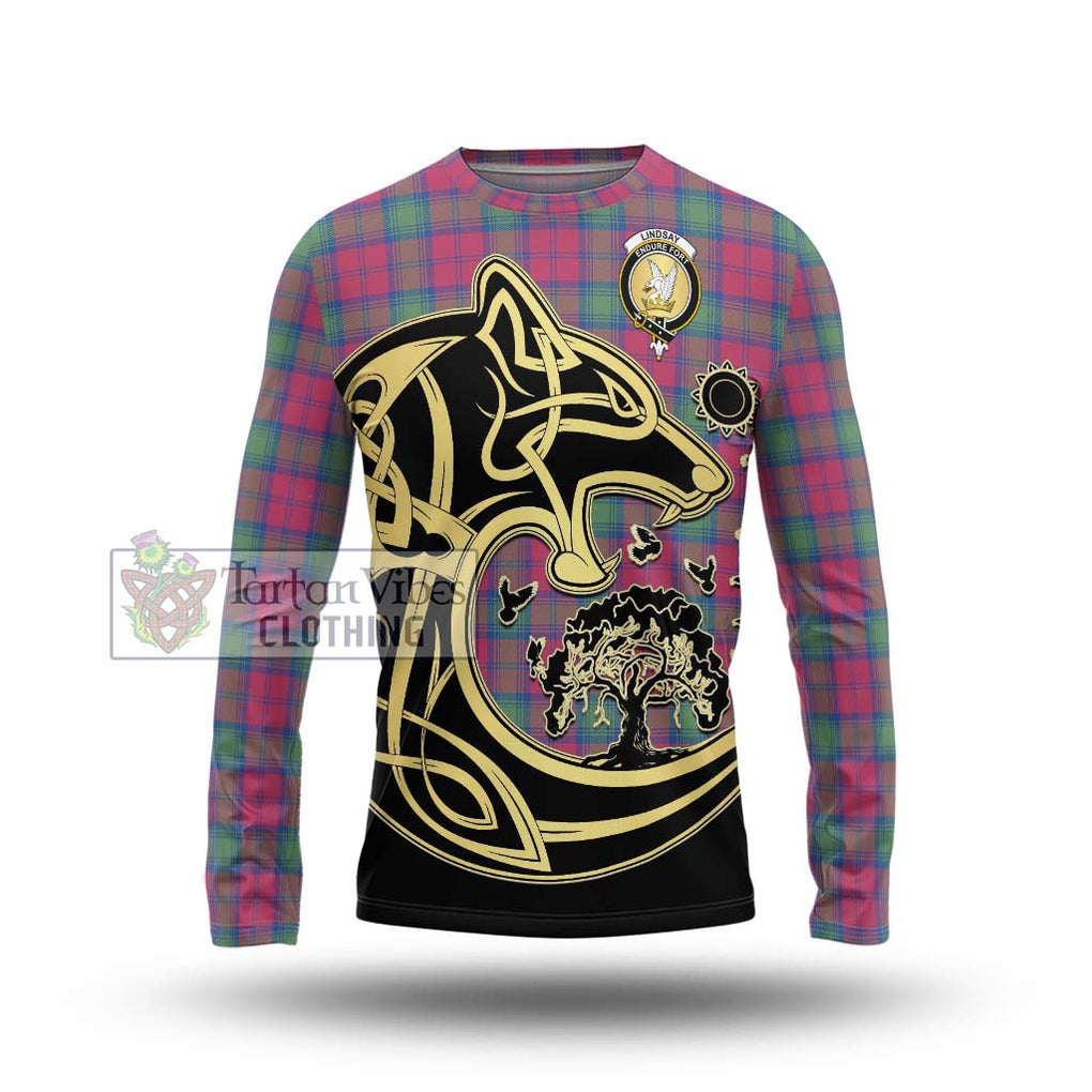 Lindsay Ancient Tartan Long Sleeve T-Shirt with Family Crest Celtic Wolf Style Unisex - Tartan Vibes Clothing