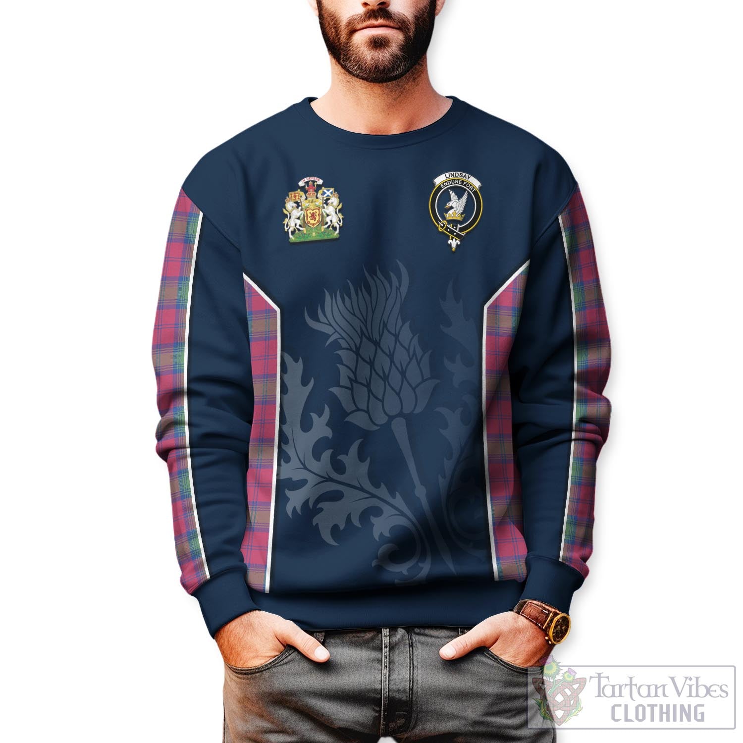 Tartan Vibes Clothing Lindsay Ancient Tartan Sweatshirt with Family Crest and Scottish Thistle Vibes Sport Style