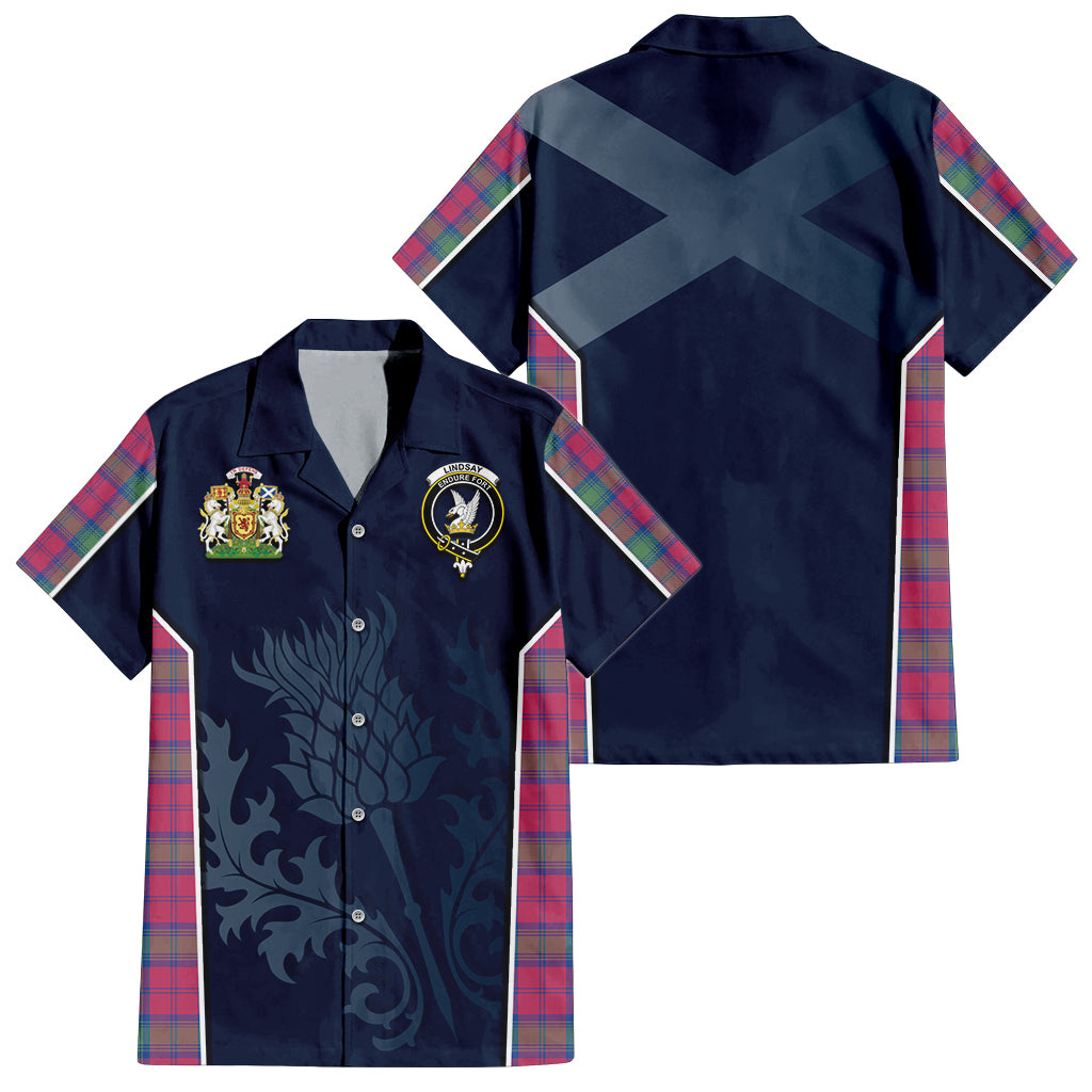 Tartan Vibes Clothing Lindsay Ancient Tartan Short Sleeve Button Up Shirt with Family Crest and Scottish Thistle Vibes Sport Style