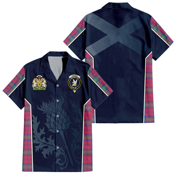 Lindsay Ancient Tartan Short Sleeve Button Up Shirt with Family Crest and Scottish Thistle Vibes Sport Style