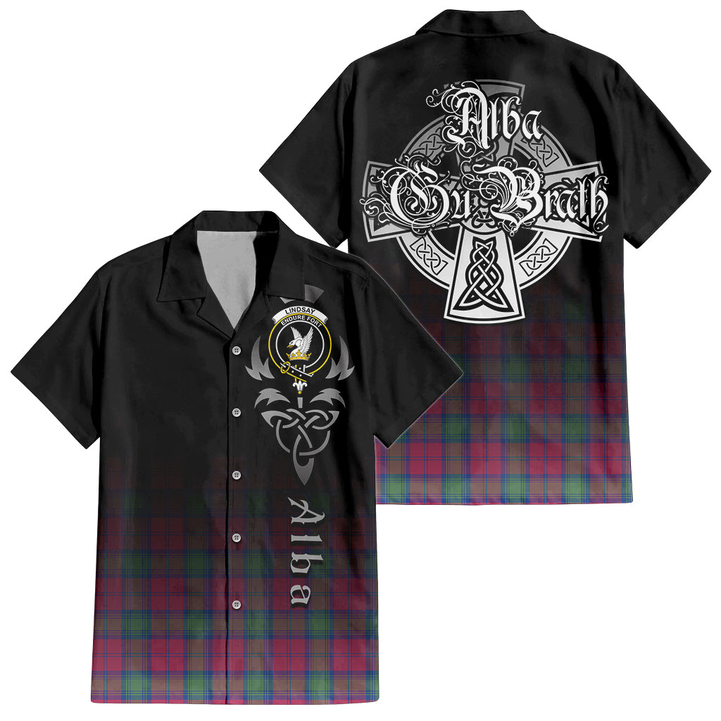 Tartan Vibes Clothing Lindsay Ancient Tartan Short Sleeve Button Up Featuring Alba Gu Brath Family Crest Celtic Inspired