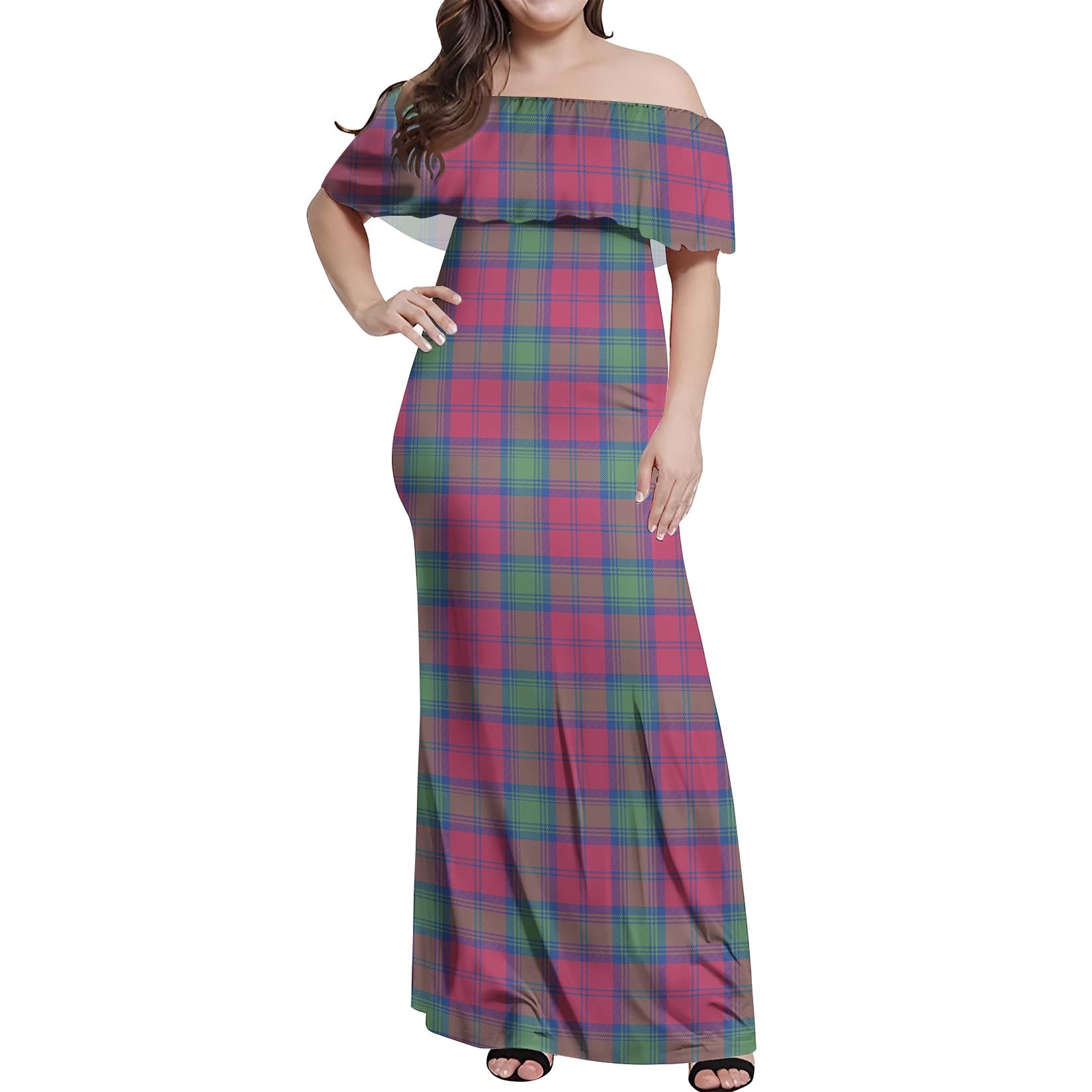 Lindsay Ancient Tartan Off Shoulder Long Dress Women's Dress - Tartanvibesclothing