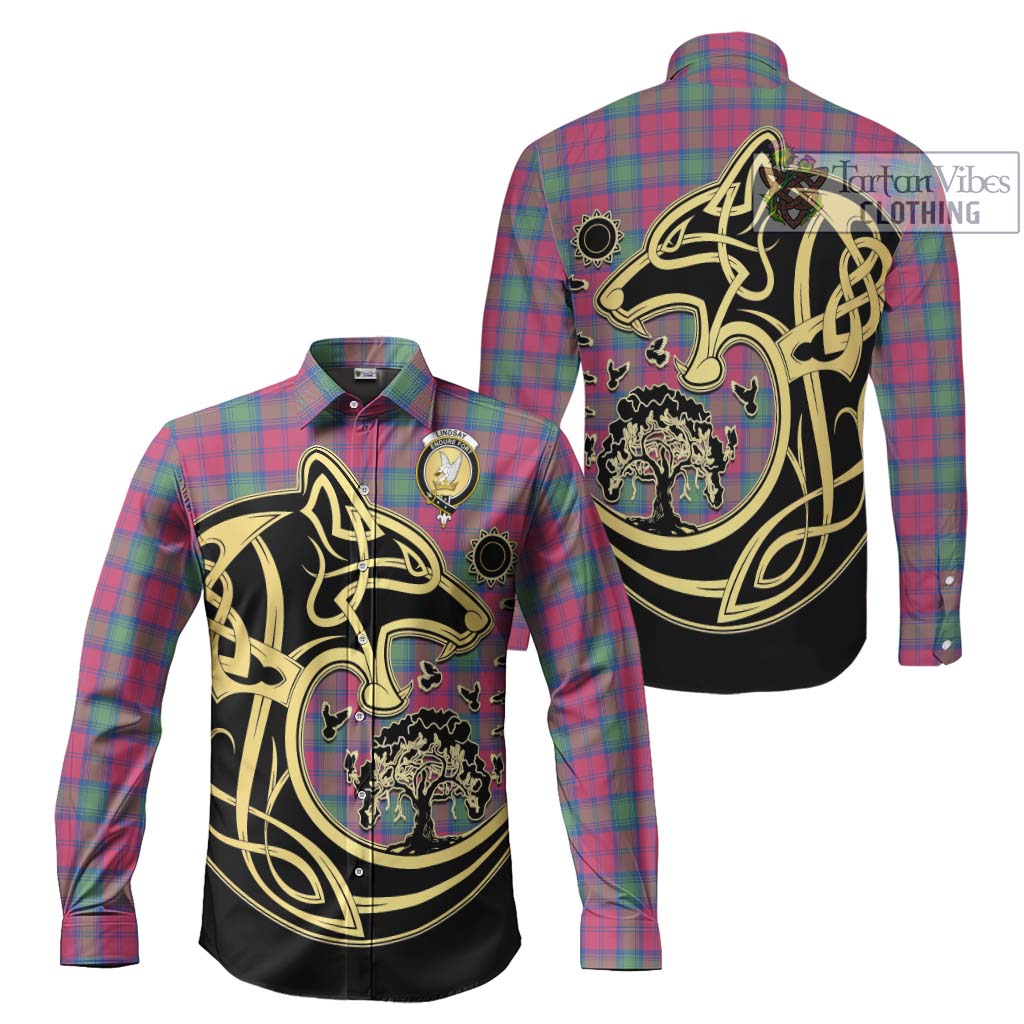 Tartan Vibes Clothing Lindsay Ancient Tartan Long Sleeve Button Shirt with Family Crest Celtic Wolf Style