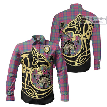 Lindsay Ancient Tartan Long Sleeve Button Shirt with Family Crest Celtic Wolf Style