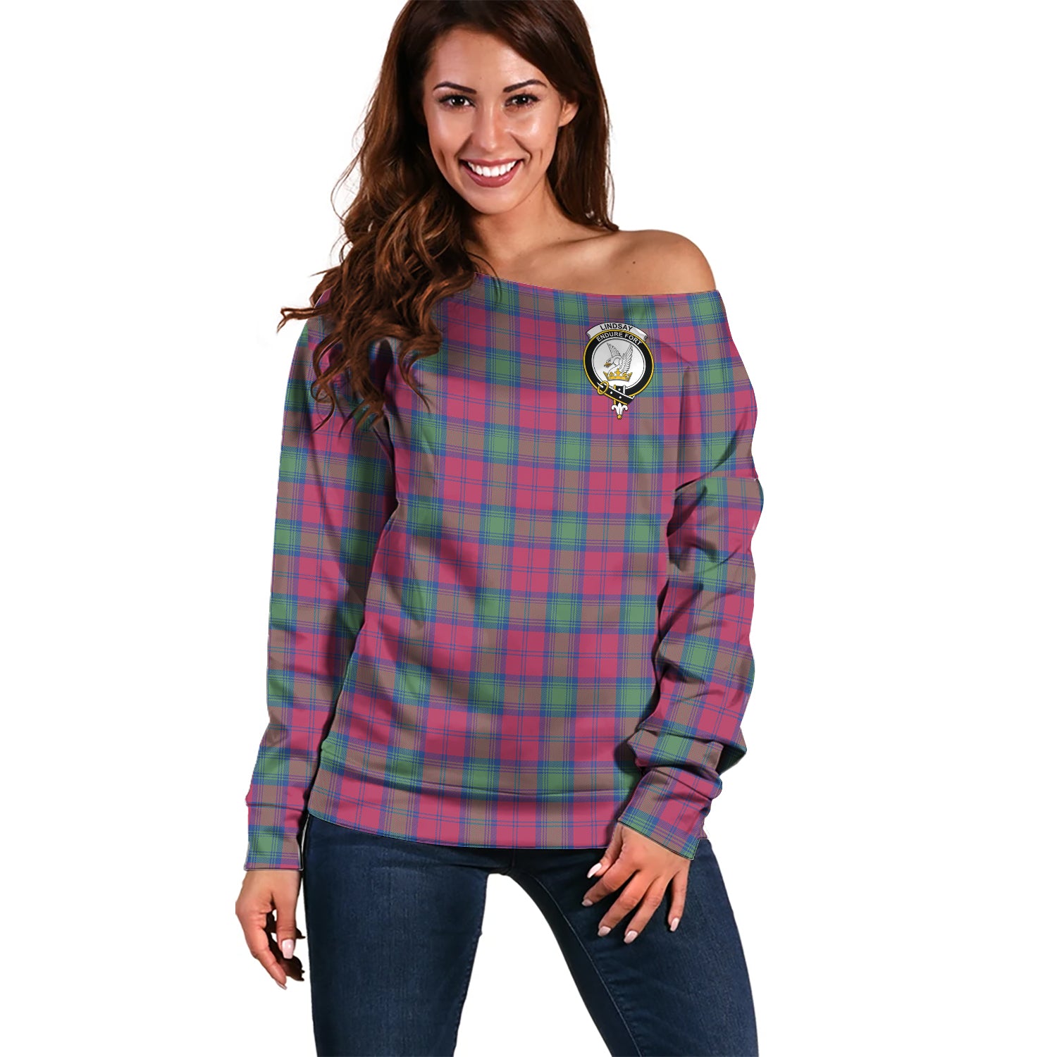 Lindsay Ancient Tartan Off Shoulder Women Sweater with Family Crest Women - Tartanvibesclothing