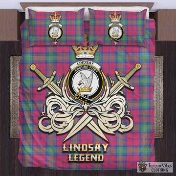 Lindsay Ancient Tartan Bedding Set with Clan Crest and the Golden Sword of Courageous Legacy