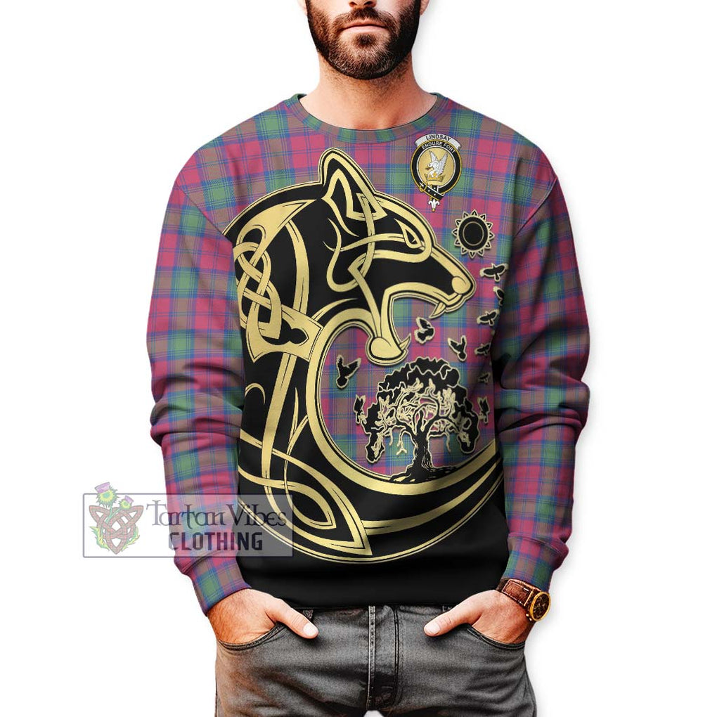 Lindsay Ancient Tartan Sweatshirt with Family Crest Celtic Wolf Style Unisex - Tartan Vibes Clothing