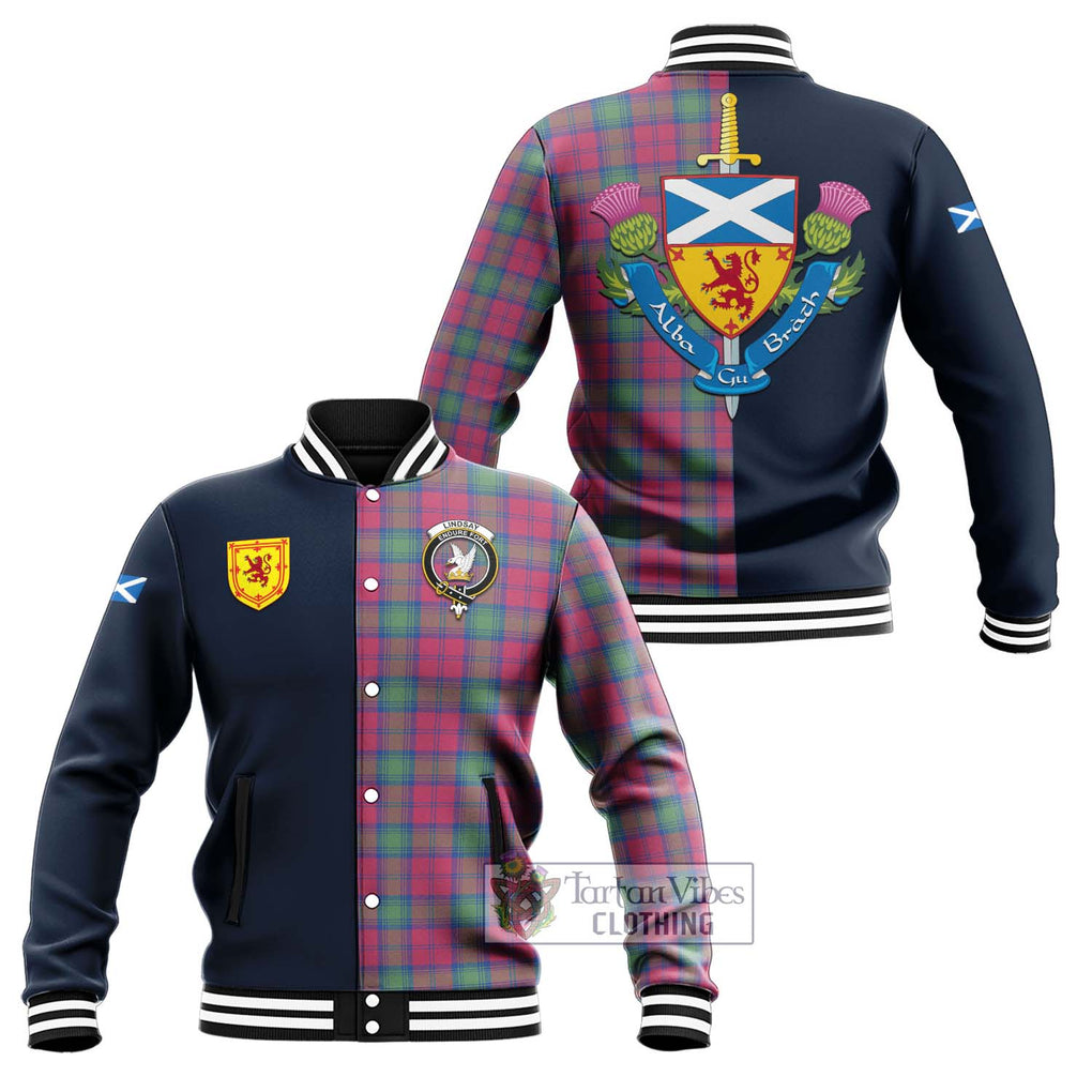 Tartan Vibes Clothing Lindsay Ancient Tartan Baseball Jacket with Scottish Lion Royal Arm Half Style