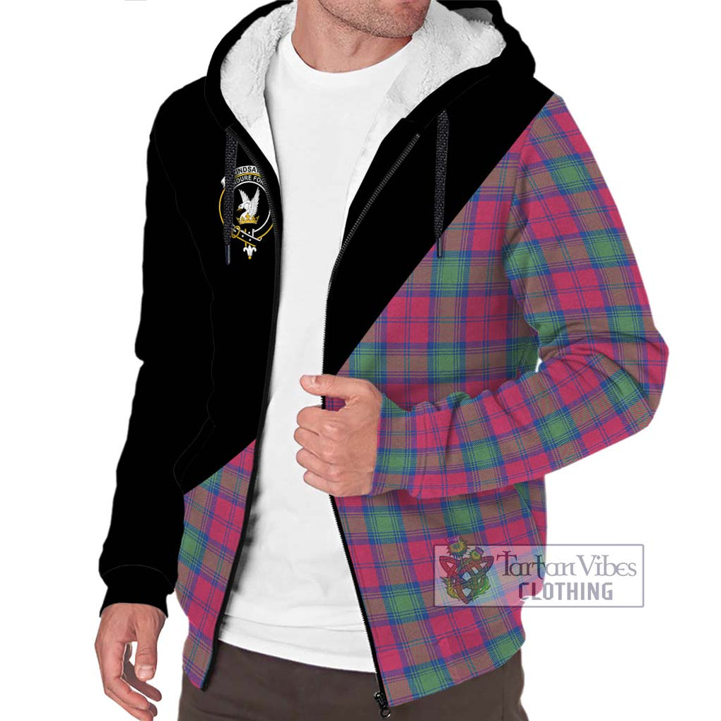 Lindsay Ancient Tartan Sherpa Hoodie with Family Crest and Military Logo Style Unisex S - Tartanvibesclothing Shop