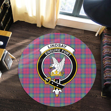 Lindsay Ancient Tartan Round Rug with Family Crest