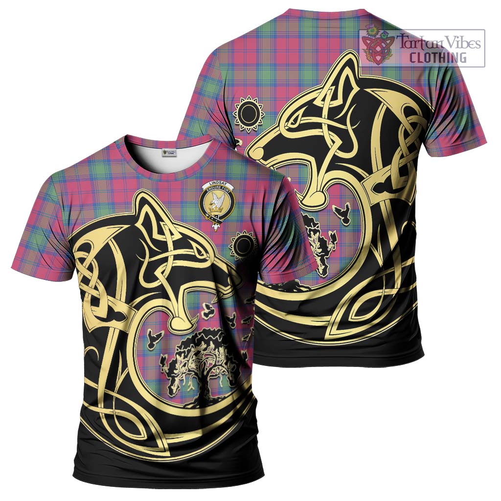 Tartan Vibes Clothing Lindsay Ancient Tartan T-Shirt with Family Crest Celtic Wolf Style