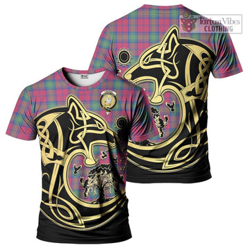 Lindsay Ancient Tartan T-Shirt with Family Crest Celtic Wolf Style