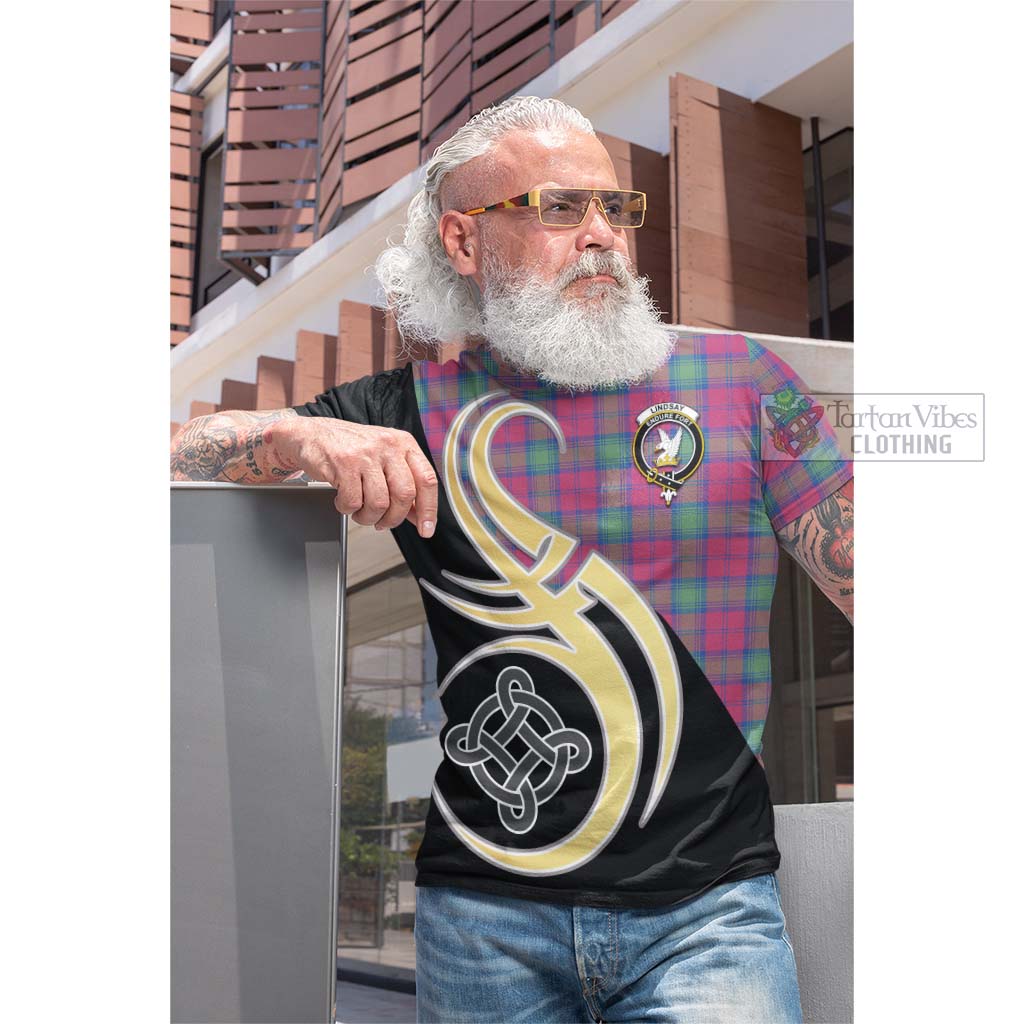 Tartan Vibes Clothing Lindsay Ancient Tartan Cotton T-shirt with Family Crest and Celtic Symbol Style