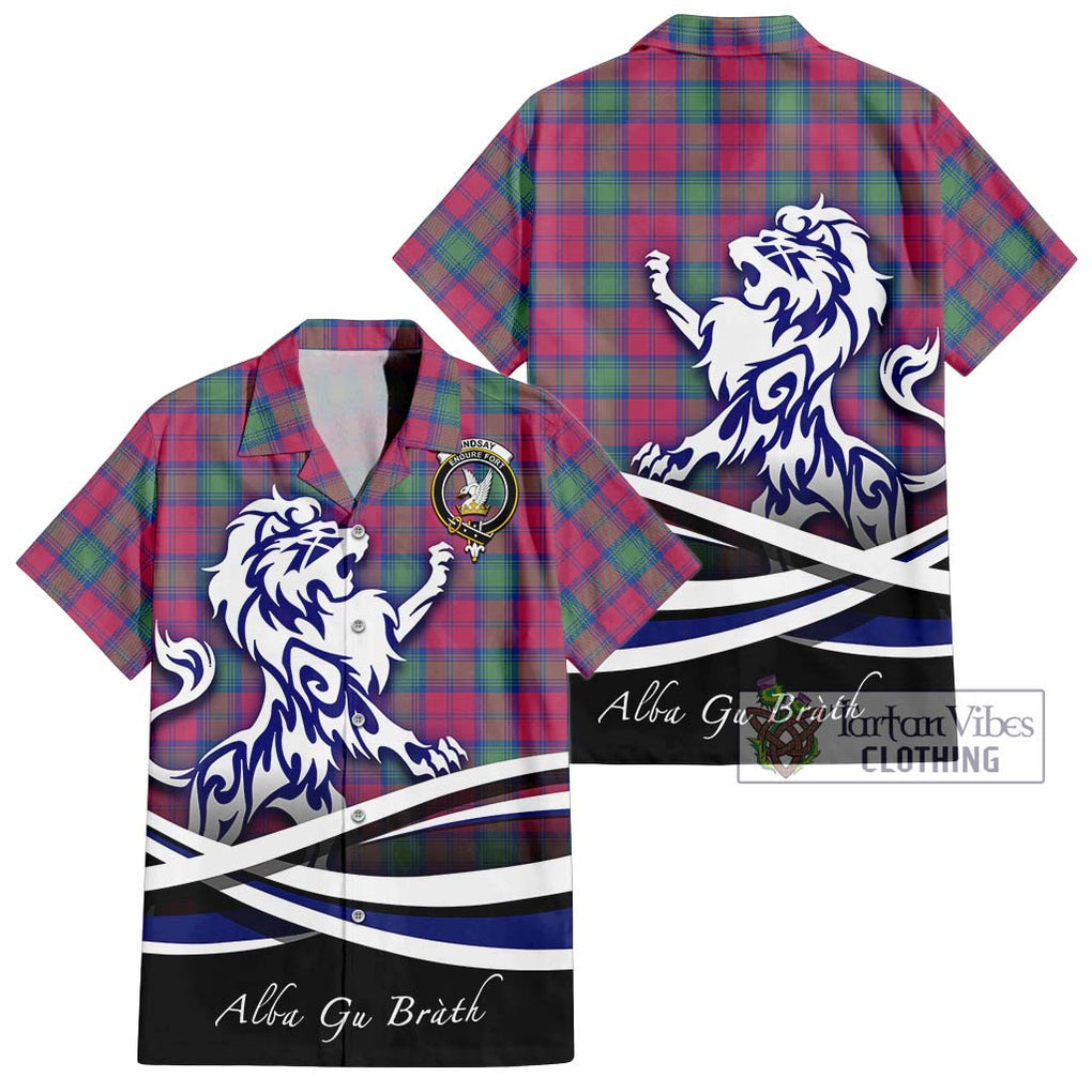 Lindsay Ancient Tartan Short Sleeve Button Shirt with Alba Gu Brath Regal Lion Emblem Kid - Tartanvibesclothing Shop