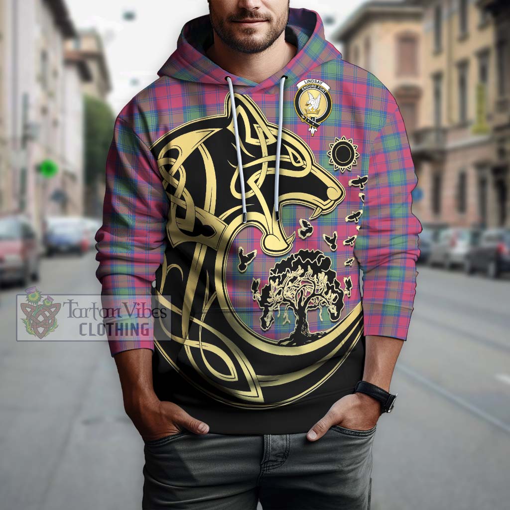 Tartan Vibes Clothing Lindsay Ancient Tartan Hoodie with Family Crest Celtic Wolf Style