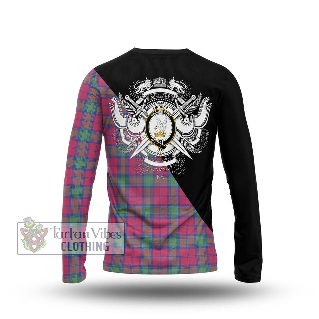 Lindsay Ancient Tartan Long Sleeve T-Shirt with Family Crest and Military Logo Style - Tartanvibesclothing Shop