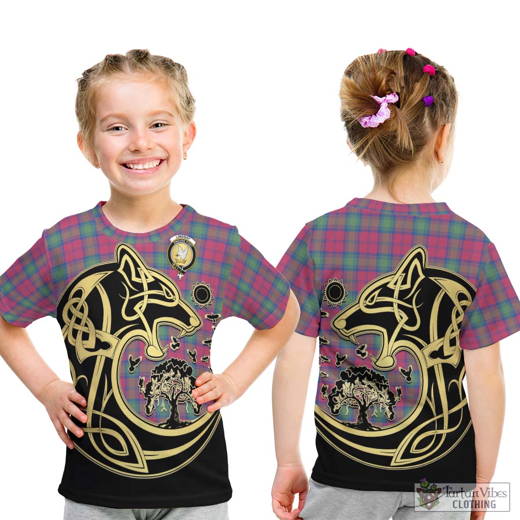 Tartan Vibes Clothing Lindsay Ancient Tartan Kid T-Shirt with Family Crest Celtic Wolf Style