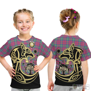 Lindsay Ancient Tartan Kid T-Shirt with Family Crest Celtic Wolf Style
