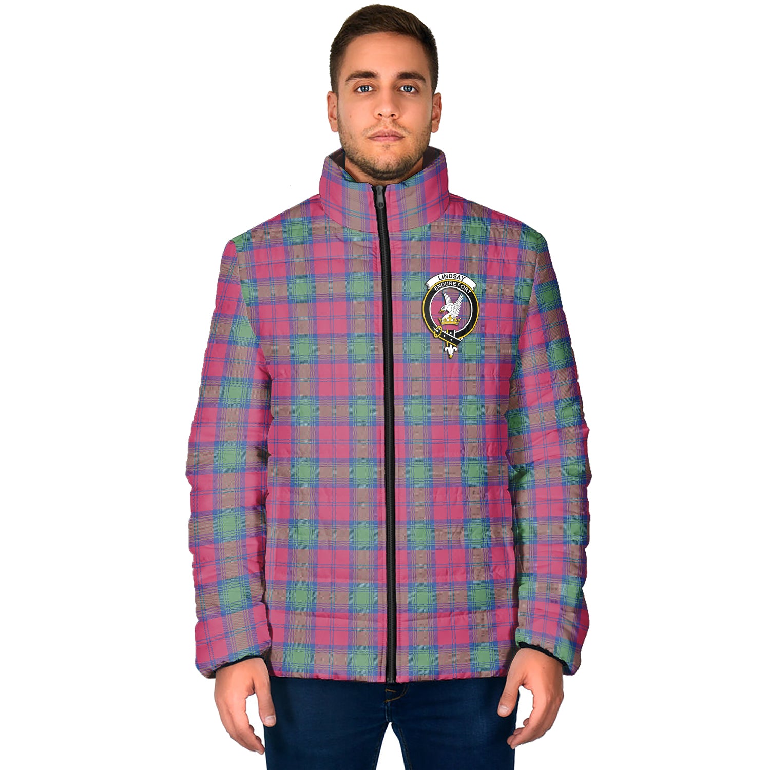 Lindsay Ancient Tartan Padded Jacket with Family Crest - Tartan Vibes Clothing