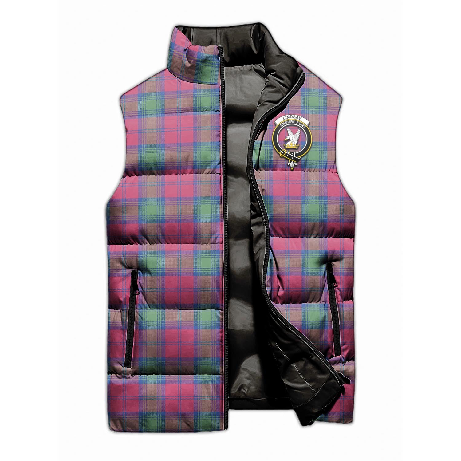 Lindsay Ancient Tartan Sleeveless Puffer Jacket with Family Crest - Tartanvibesclothing