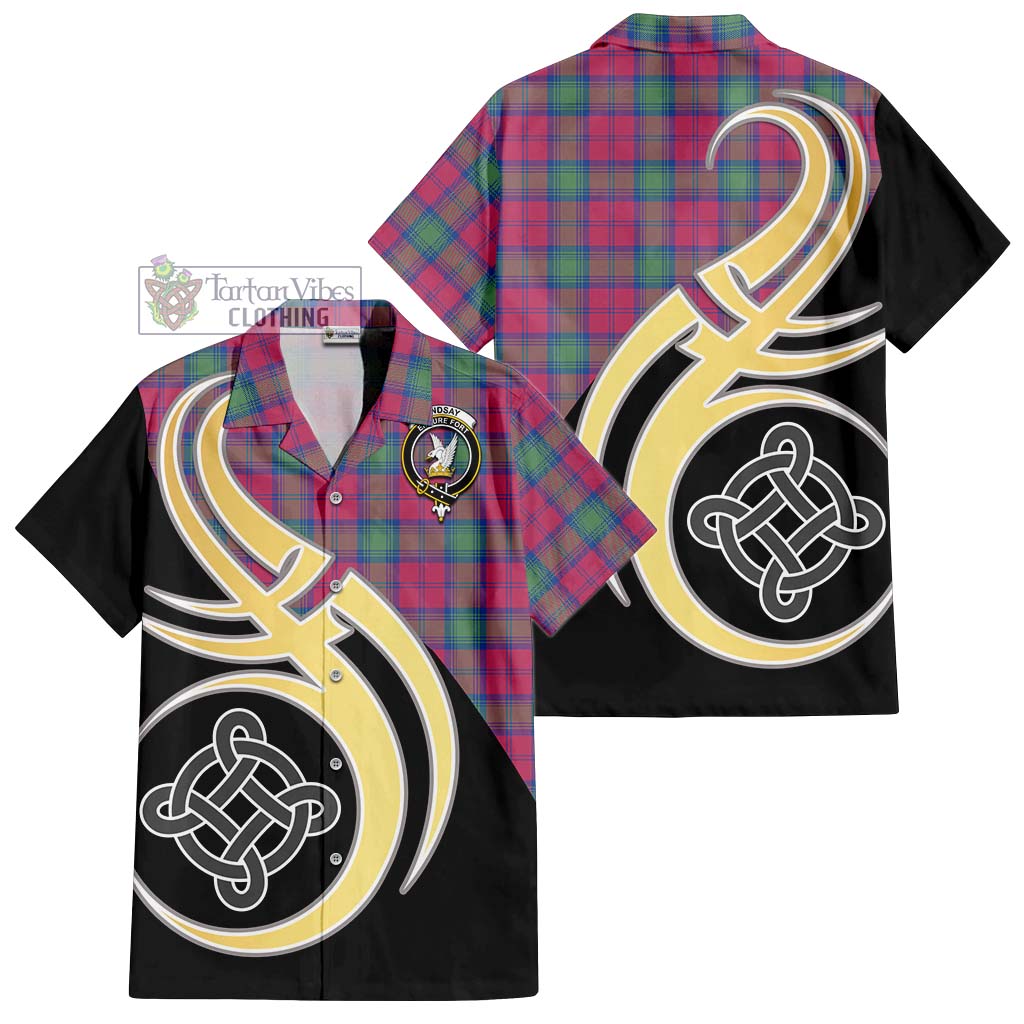 Lindsay Ancient Tartan Short Sleeve Button Shirt with Family Crest and Celtic Symbol Style - Tartan Vibes Clothing