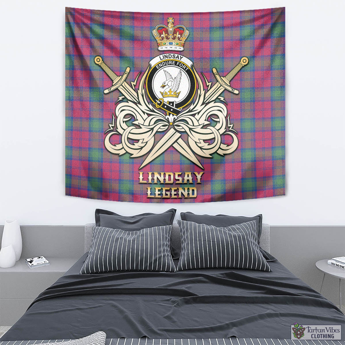 Tartan Vibes Clothing Lindsay Ancient Tartan Tapestry with Clan Crest and the Golden Sword of Courageous Legacy