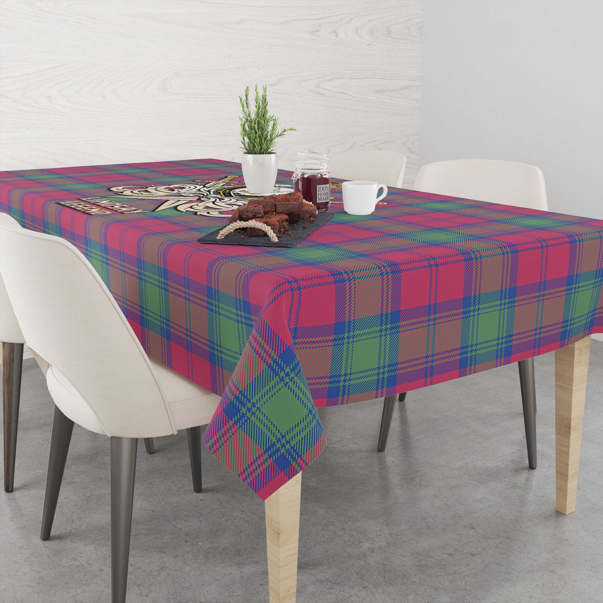 Tartan Vibes Clothing Lindsay Ancient Tartan Tablecloth with Clan Crest and the Golden Sword of Courageous Legacy