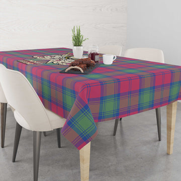 Lindsay Ancient Tartan Tablecloth with Clan Crest and the Golden Sword of Courageous Legacy