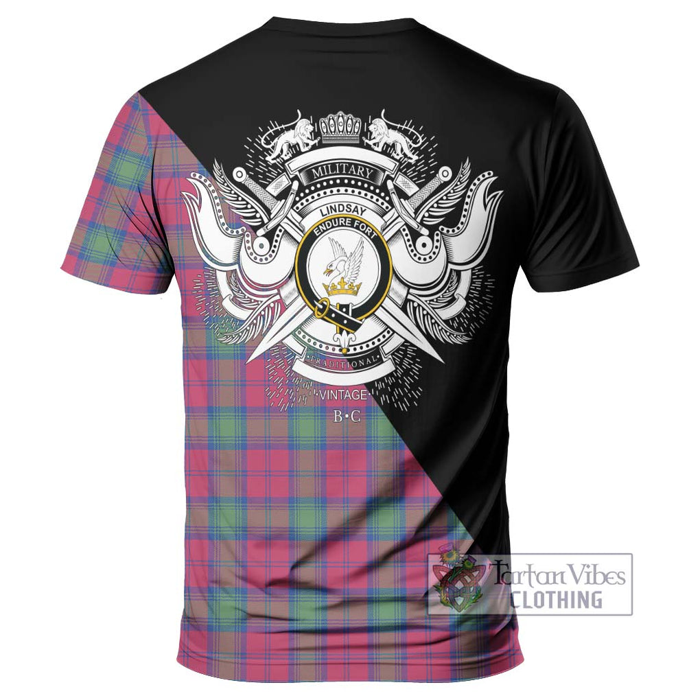 Lindsay Ancient Tartan T-Shirt with Family Crest and Military Logo Style - Tartanvibesclothing Shop