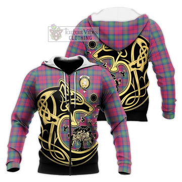 Lindsay Ancient Tartan Knitted Hoodie with Family Crest Celtic Wolf Style