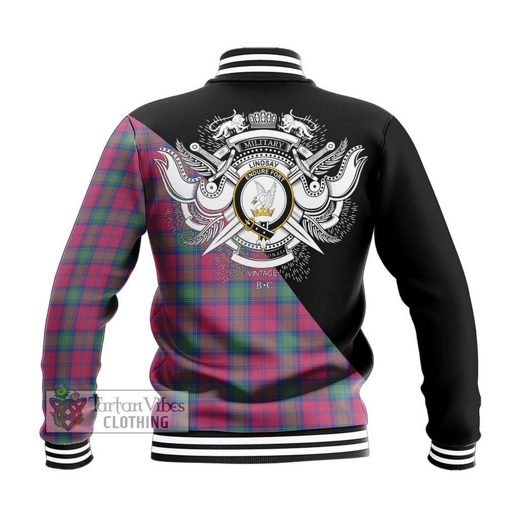 Lindsay Ancient Tartan Baseball Jacket with Family Crest and Military Logo Style - Tartanvibesclothing Shop