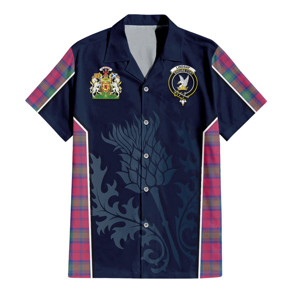 Tartan Vibes Clothing Lindsay Ancient Tartan Short Sleeve Button Up Shirt with Family Crest and Scottish Thistle Vibes Sport Style