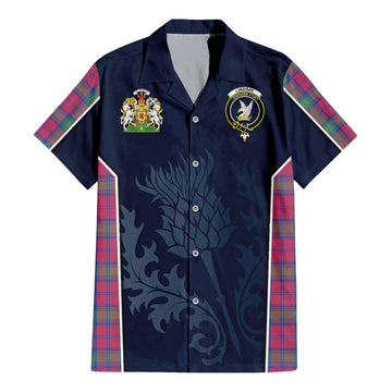 Lindsay Ancient Tartan Short Sleeve Button Up Shirt with Family Crest and Scottish Thistle Vibes Sport Style