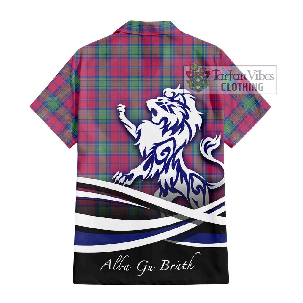 Lindsay Ancient Tartan Short Sleeve Button Shirt with Alba Gu Brath Regal Lion Emblem - Tartanvibesclothing Shop