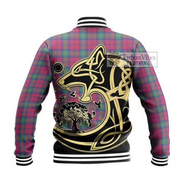 Lindsay Ancient Tartan Baseball Jacket with Family Crest Celtic Wolf Style