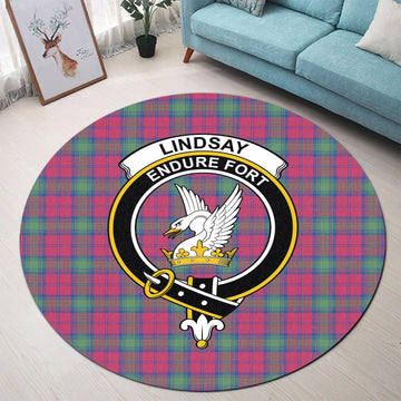 Lindsay Ancient Tartan Round Rug with Family Crest