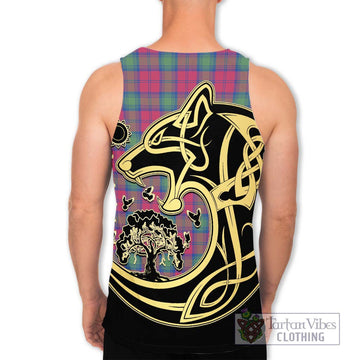 Lindsay Ancient Tartan Men's Tank Top with Family Crest Celtic Wolf Style