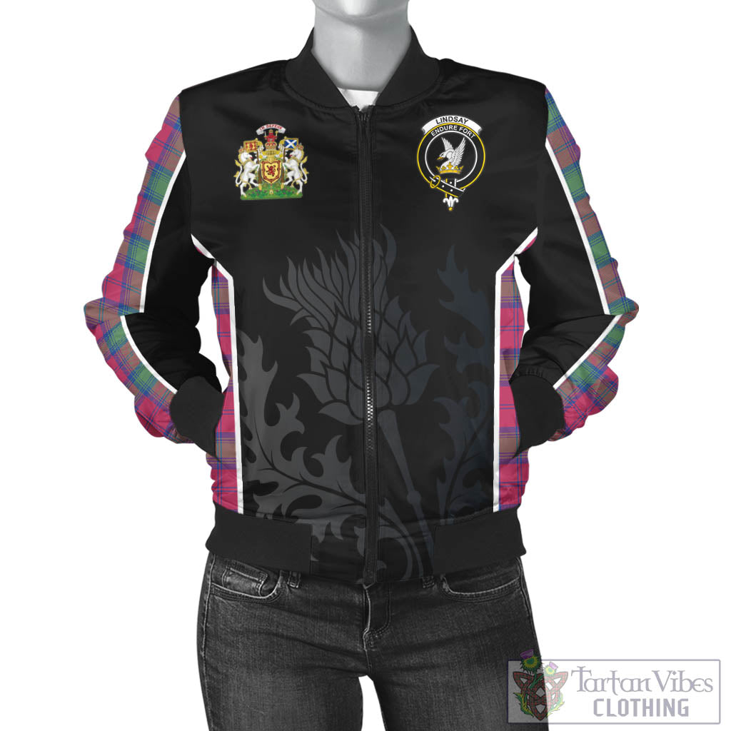 Tartan Vibes Clothing Lindsay Ancient Tartan Bomber Jacket with Family Crest and Scottish Thistle Vibes Sport Style