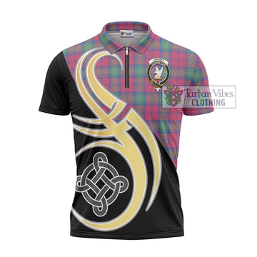 Lindsay Ancient Tartan Zipper Polo Shirt with Family Crest and Celtic Symbol Style