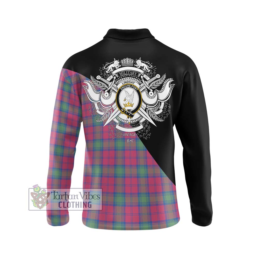 Lindsay Ancient Tartan Long Sleeve Polo Shirt with Family Crest and Military Logo Style - Tartanvibesclothing Shop