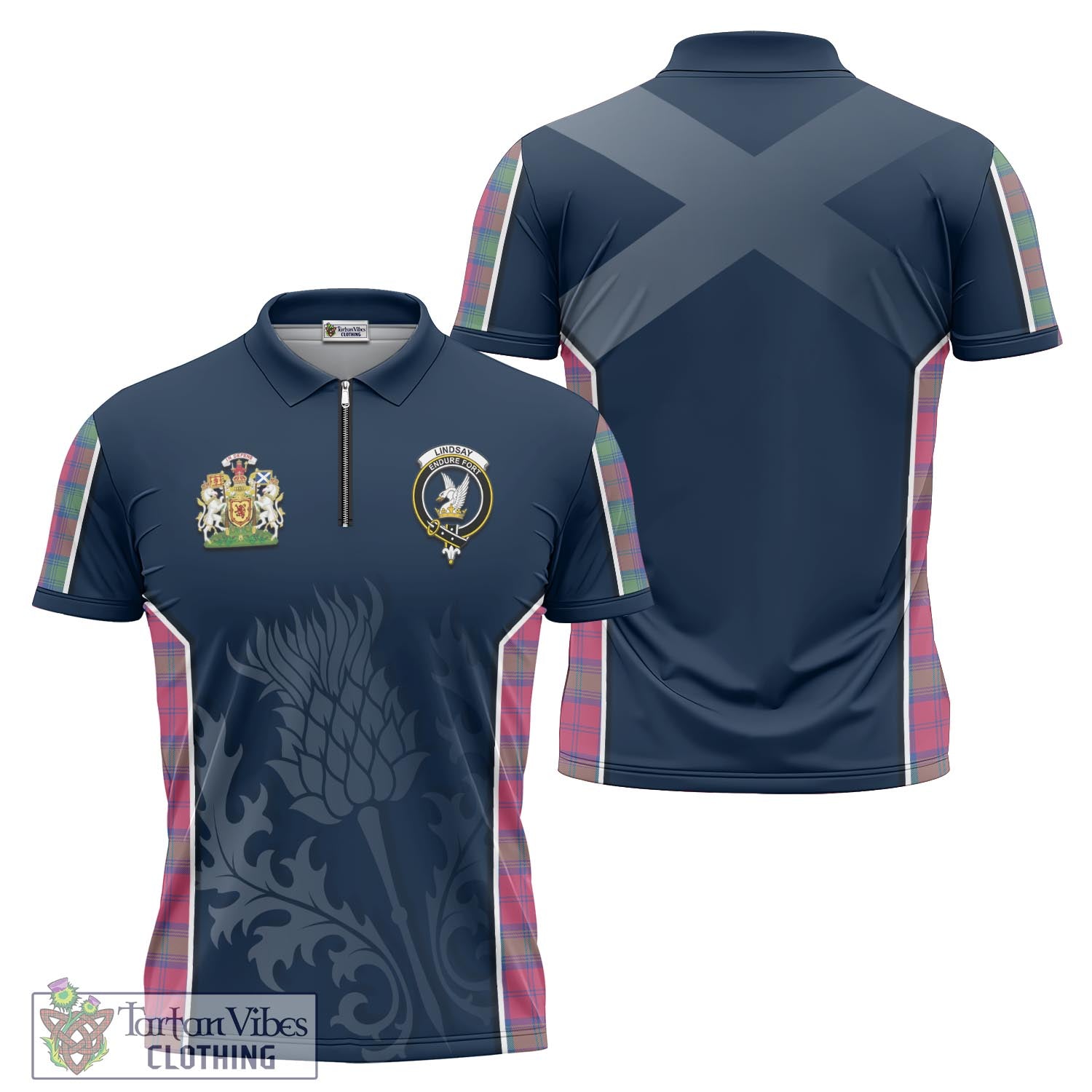 Tartan Vibes Clothing Lindsay Ancient Tartan Zipper Polo Shirt with Family Crest and Scottish Thistle Vibes Sport Style