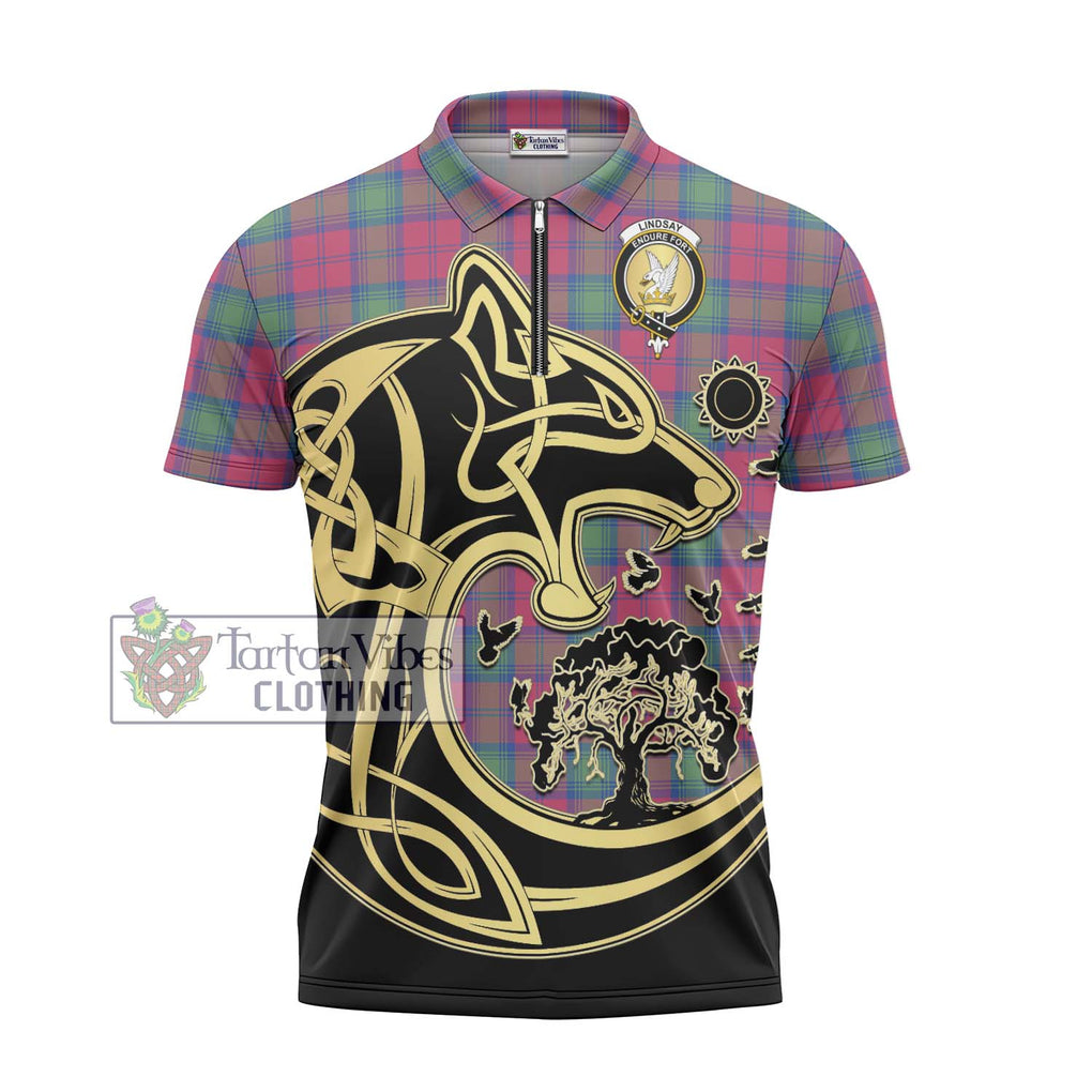 Lindsay Ancient Tartan Zipper Polo Shirt with Family Crest Celtic Wolf Style - Tartanvibesclothing Shop