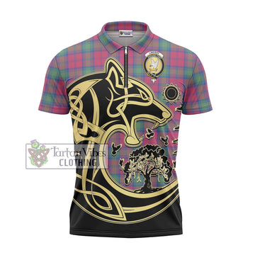 Lindsay Ancient Tartan Zipper Polo Shirt with Family Crest Celtic Wolf Style