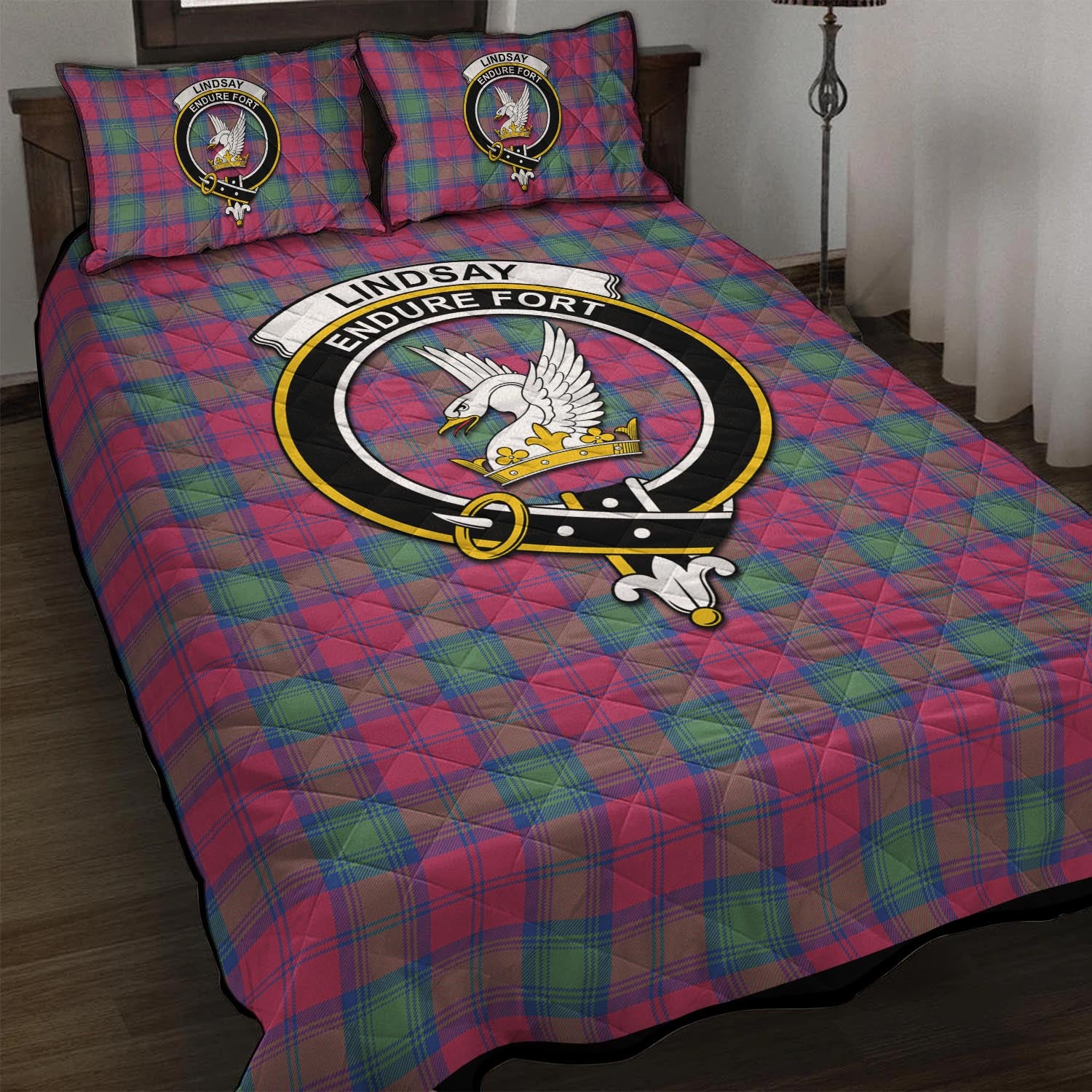 Lindsay Ancient Tartan Quilt Bed Set with Family Crest - Tartan Vibes Clothing