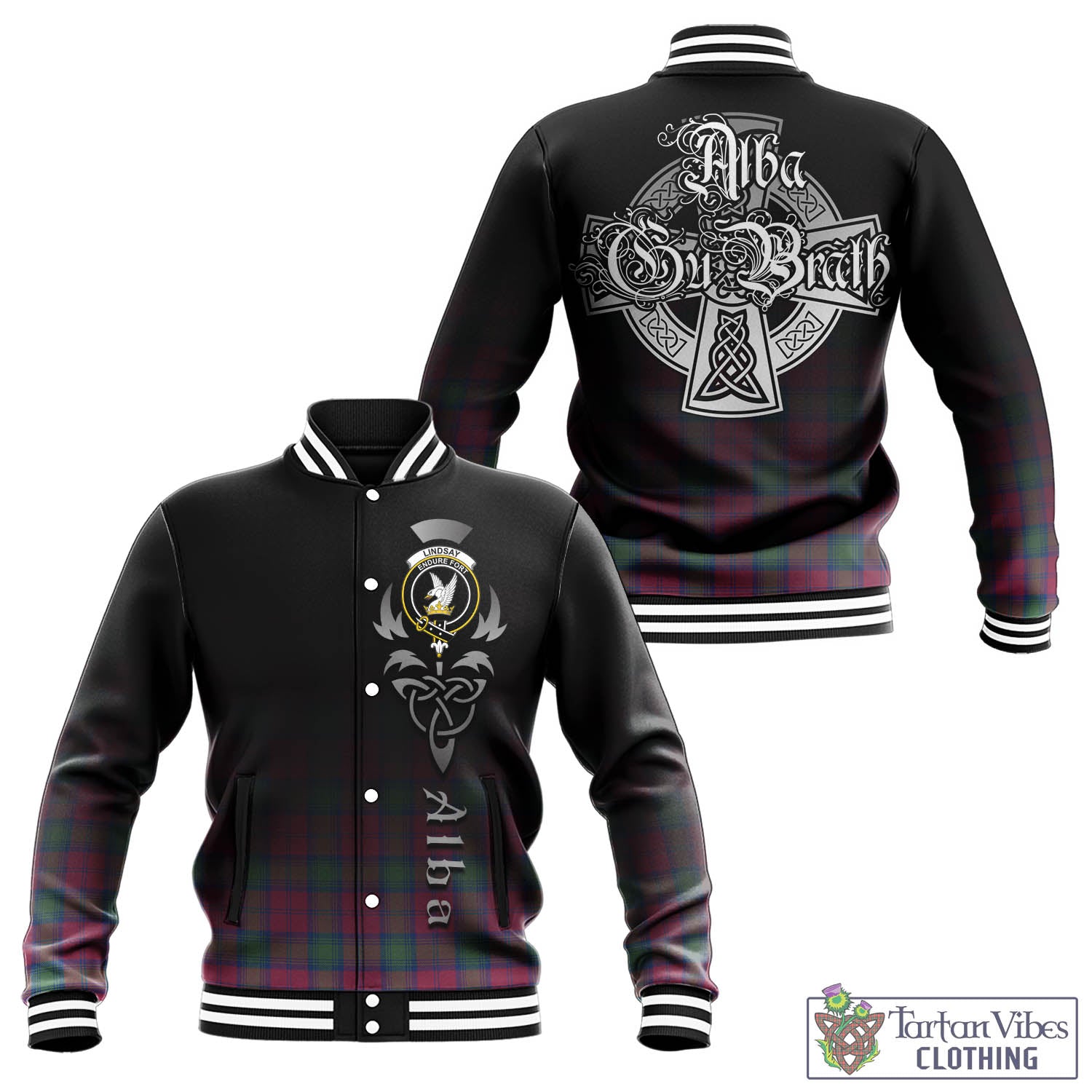 Tartan Vibes Clothing Lindsay Ancient Tartan Baseball Jacket Featuring Alba Gu Brath Family Crest Celtic Inspired