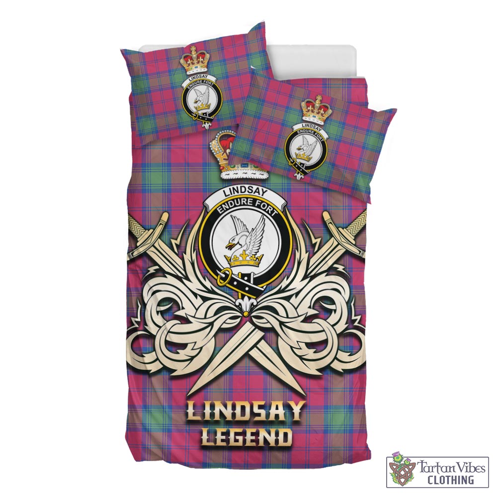 Tartan Vibes Clothing Lindsay Ancient Tartan Bedding Set with Clan Crest and the Golden Sword of Courageous Legacy